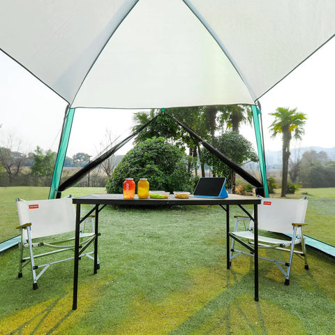 11x11 Ft Screen House With Mesh Net Tent Canopy Shelter Gazebo set up on grass with table and chairs inside, blue waterproof sunshade