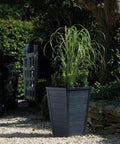 Set Of 2 Tall Resin Flower Pots With Wood Look Finish No Fuss 22 Inch Outdoor Planters Large 12.4 Gallon Soil Capacity Tapered Graphite Pot