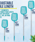 Four sizes of Five Foot Leaf Skimmer Pool Net With Adjustable Aluminum Pole Sections displayed on a blue background.