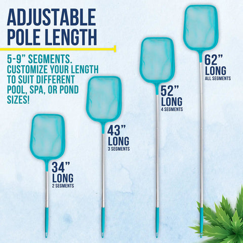 Four sizes of Five Foot Leaf Skimmer Pool Net With Adjustable Aluminum Pole Sections displayed on a blue background.