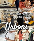 Group of people using t-shirt printing equipment with Urbani logo, trusted by 150,000+ business owners since 2020.