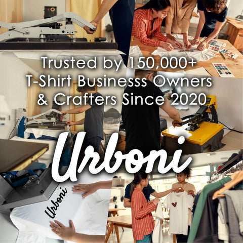Group of people using t-shirt printing equipment with Urbani logo, trusted by 150,000+ business owners since 2020.