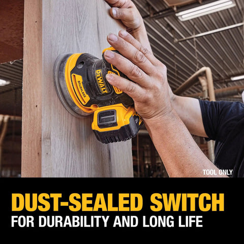Person using 20V Max Brushless Orbital Sander Tool Only With Variable Speed Control 8000 To 12000 OPM Low Profile Body on wood surface