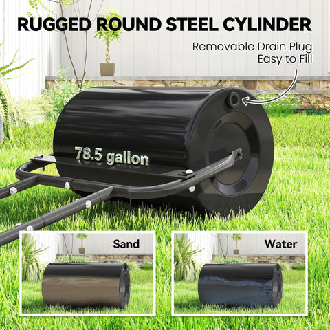 20 Inch Push And Tow Behind Lawn Roller Filled With 10 Gallons Of Water Or Sand, Heavy Duty Yard Roller, Black, on grass