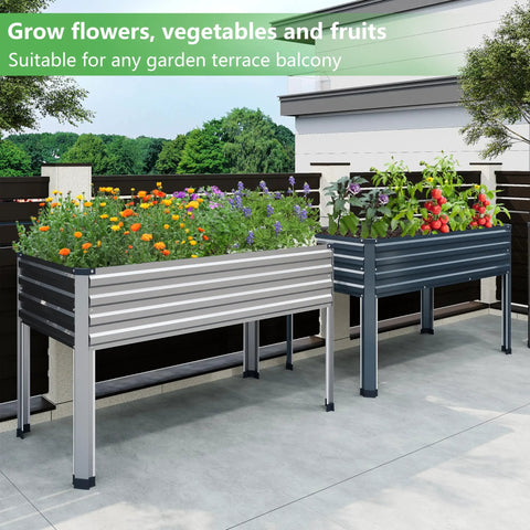 Raised Garden Bed With Legs Two Pack 48 By 24 By 30 Inches Elevated Planter Box Galvanized Steel For Backyard Outdoor Patio Balcony Garden 350 Pound Capacity Silver, shown with plants