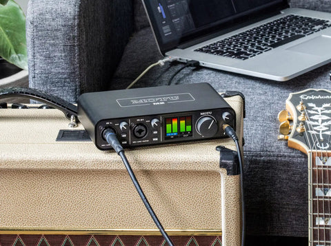 USB C Audio Interface With 2 Preamps And Hardware Monitoring 2 In 2 Out 24Bit 192kHz Recording setup with laptop and guitar