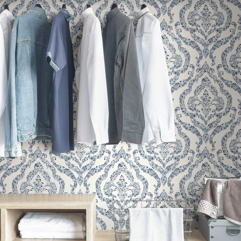 Guildford Peel And Stick Damask Wallpaper Blue, 20.5 Inch by 18 Foot Roll in closet with hanging clothes