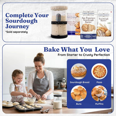 Mother and daughter baking with Sourdough Starter Kit With 37 Oz Wide Mouth Glass Jar For Bread Making Feeding Band With Time Markers Cloth Cover Spatula And Thermometer Durable Glass Jar Set For Beginner Friendly Home Bakers