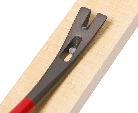View of Three In One Wrecking Bar For Nail Pulling Built From Hardened Boron Steel resting on wood, displaying narrow end tips.