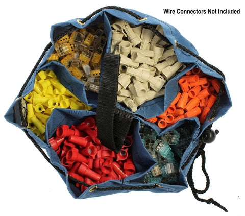 Top view of Portable Small Parts And Tools Bag With Loop Handles, 5-Inch Divider Pockets, Drawstring Opening, filled with wire connectors.