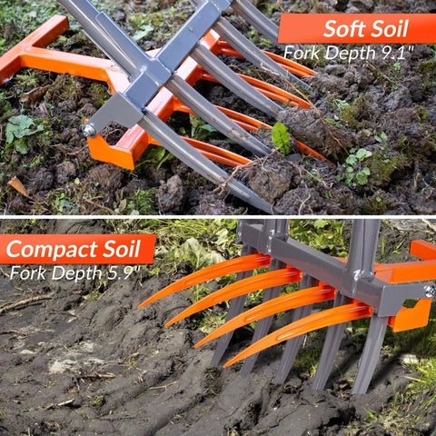 Beast Of A Broad Fork Garden Tool With 9 Tines Heavy Duty Ergonomic U Shaped Handle digging in soft and compact soil