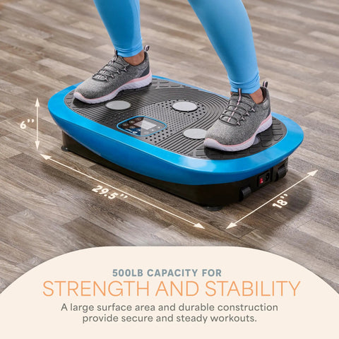 Person standing on Rumblex Plus 4D Vibration Plate Exercise Machine With Whole Body Vibration, Multi Motor Oscillation And Pulsation.