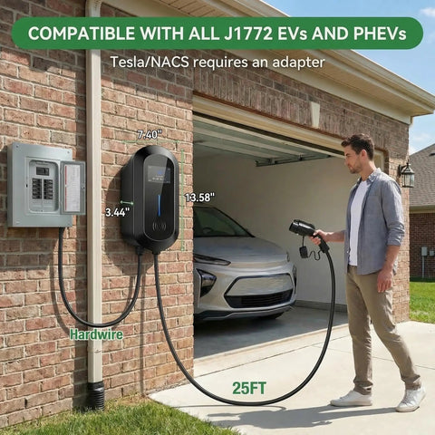 No Sweat Garage Upgrade Heavy Duty Level 2 Electric Charger mounted on garage wall with 25ft cable and user charging EV.