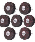 Seven Pack Abrasive Cloth Flap Wheel With One Quarter Inch Shank 80mm Diameter For Woodworking Root Carving And Furniture Polishing Grits 80 120 150 180 240 320 400, showing all seven grits.