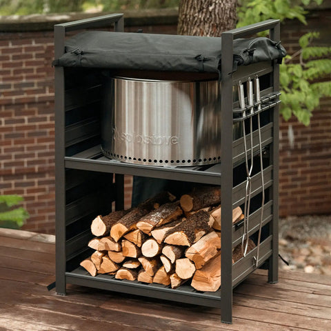 Station Firewood Rack With UV Cover And Two Shelf Outdoor Storage for logs tools and accessories 4.4ft black aluminum