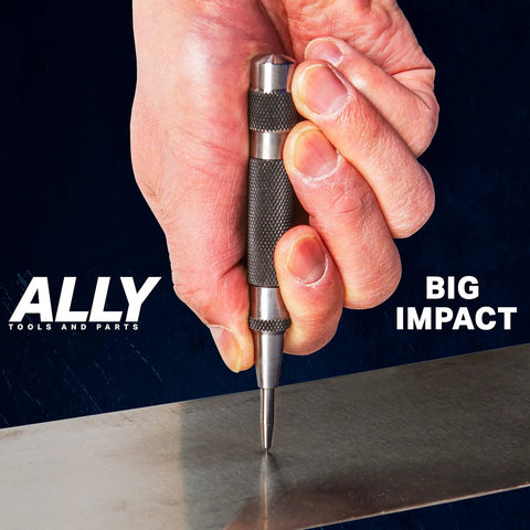 Person using Heavy Duty Automatic Center Punch Set For Metal By ALLY Tools With Hardened Steel Two Piece Premium Center Punches