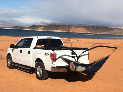 Heavy Duty Hammock Hitch Stand For 2 Inch Receivers Black Finish Mounts Easily To Any Standard 2 Inch Receivers attached to truck