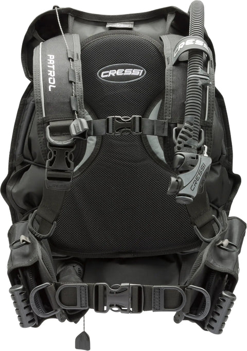 Front view of Travel Ready Lightweight Back Inflation Scuba BCD Patrol For Divers, Dorsal Volume BCD With Unisex Harness, Ultra Flexible and Packable