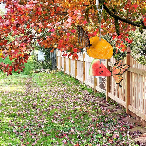 2 Pieces Outdoor Butterfly Banana Holder And Hammock Stand Hangable Butterfly Feeders For Garden Or Backyard shown in yard