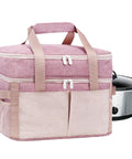Heavy Duty Insulated Slow Cooker Carrying Bag 6 To 8 Quart Oval, pink fabric, top zip, front pocket with slow cooker beside