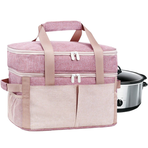 Heavy Duty Insulated Slow Cooker Carrying Bag 6 To 8 Quart Oval, pink fabric, top zip, front pocket with slow cooker beside