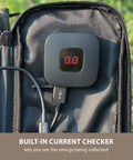 Built-in current checker on portable solar panel with foldable 4 panel design, 28W charging power, dual USB A ports for camping.