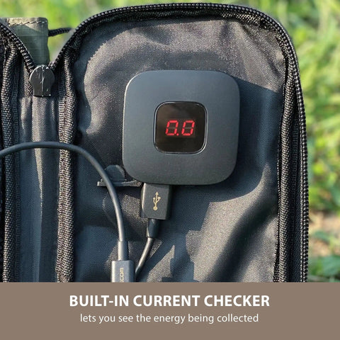 Built-in current checker on portable solar panel with foldable 4 panel design, 28W charging power, dual USB A ports for camping.
