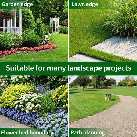 Multiple landscape scenes showing different uses of No Dig Garden Edging Border Kit 33 Foot Long 4 Inch High With 61 Spiral Spikes.