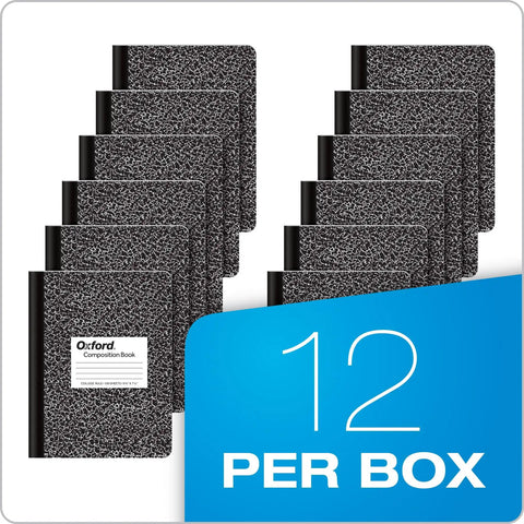Campus Ready Composition Notebooks For School And Homework Black Marble Covers College Ruled Paper 100 Lined Sheets Each 12 Pack stacked in a box.