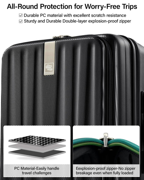 16 Inch Expandable Underseat Carry-On Luggage With Wheels, lightweight hard shell jet black material close-up.