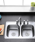 Top view of 33 Inch Self-Rimming Double Bowl Kitchen Sink In Brushed 304 Grade Stainless Steel, 22 Gauge, with kitchen items