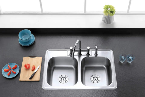 Top view of 33 Inch Self-Rimming Double Bowl Kitchen Sink In Brushed 304 Grade Stainless Steel, 22 Gauge, with kitchen items