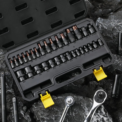 Pro Grade Torx Bit Socket Set And E Torx Socket Set, 31 Pieces, Cr-V Steel in open case with tools on dark surface