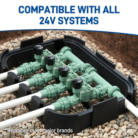 Automatic Sprinkler Valve Three Quarter Inch FPT L Series installed in yard irrigation setup with 24 Vac solenoid.