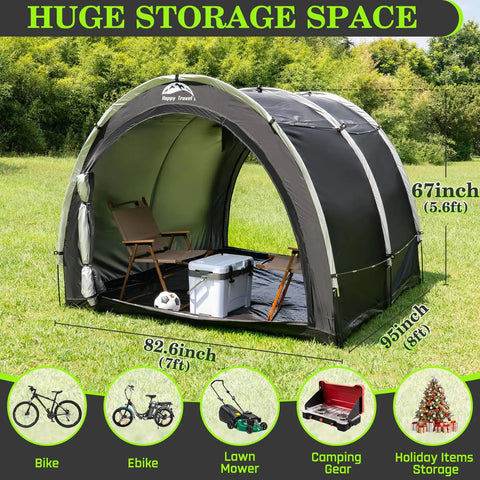 Oversized Outdoor Bike Storage Tent Shed With Window Waterproof Shelter set up on grass, showing large capacity and dimensions.