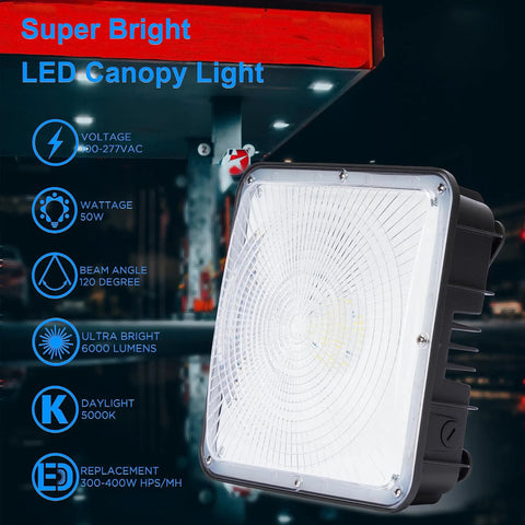 Super Bright 50W LED Canopy Light 6000 Lumens 100 to 277V AC ETL Listed IP65 Waterproof Daylight White 5000K fixture