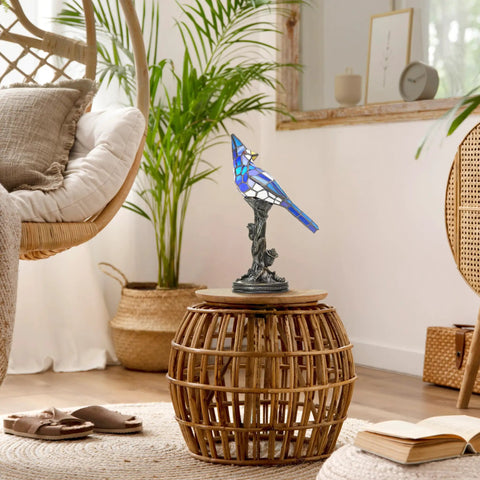 Stained Glass Bird Accent Lamp With Blue Jay Design Tiffany Style Table Lamp 8 W x 13.5 H Inches on bronze base in cozy living room