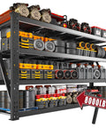 Beefy 8000 Lbs Capacity Garage Shelving System, 77 Inch Wide Heavy Duty Industrial Shelves, 2000 Lbs Per Shelf, Built Tough With Crossbeams And Steel Mesh For Maximum Load And Ultra Organized Space, black 4-tier steel garage rack loaded with bins and tires