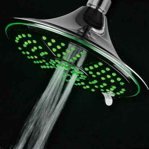 Ultra Luxe 8 Inch Rainfall LED Shower Head With Five Settings Chrome Face Water Powered Color Changing Temperature LEDs Spa Quality Bath Upgrade For Your Home displaying green light.