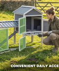 Portable Chicken Coop On Wheels With Run 80 Inch Long Wooden Hen House With Nesting Box Removable Tray And Ramp For Two To Three Hens Outdoor Poultry Cage In Gray Easy To Move with woman accessing tray