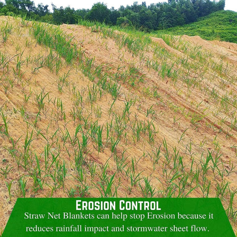 Installed straw erosion control blanket on slope with grass seedlings, Straw Erosion Control Blanket For Lawns And Slopes No Nonsense Moisture Retention Garden Cover Mulch And Seed Protector Slope Stabilizer Prevent Erosion And Boost Germination 8 Ft By 112.5 Ft.