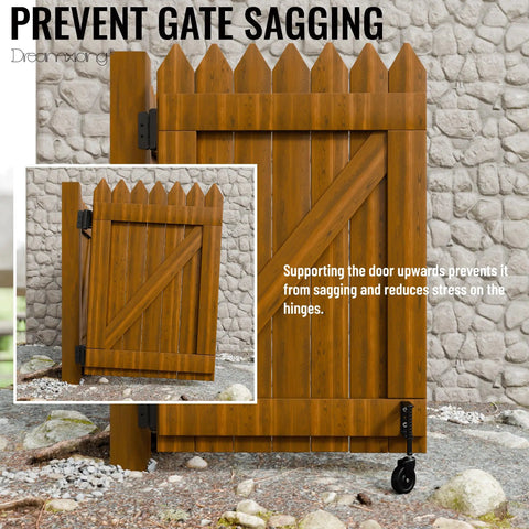Wooden gate with 4 Inch Gate Wheels Gate Caster 1 Pack Spring Loaded For Smooth Gate Operation installed on stone ground.