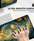 Starry Night Cat Desk Mat Extended Large 31.5 by 15.7 Inch Anime Mouse Pad with ultra-smooth surface, used for gaming setup
