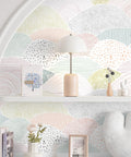 Peel And Stick Wallpaper Dot And Line Boho Pink Vinyl Roll 15.5 Inch By 78.7 Inch Self Adhesive Removable Wall Covering displayed in a room.