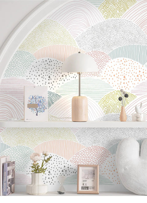 Peel And Stick Wallpaper Dot And Line Boho Pink Vinyl Roll 15.5 Inch By 78.7 Inch Self Adhesive Removable Wall Covering displayed in a room.