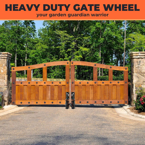 Wooden gates with 6 Inch Gate Wheels With Brake, 360 Degree Swivel, Spring Loaded Gate Rollers, installed for smooth operation.