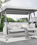 Oversized Outdoor Porch Swing with Adjustable Backrest and Canopy, 2-in-1 Swing Bed for 3 to 4 People, shown on patio
