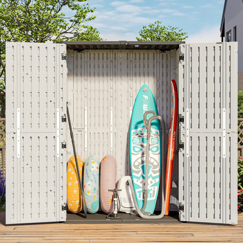 65 Cu Ft Outdoor Storage Shed With Lockable Doors, with beach gear inside, all weather resin cabinet for garden or pool area