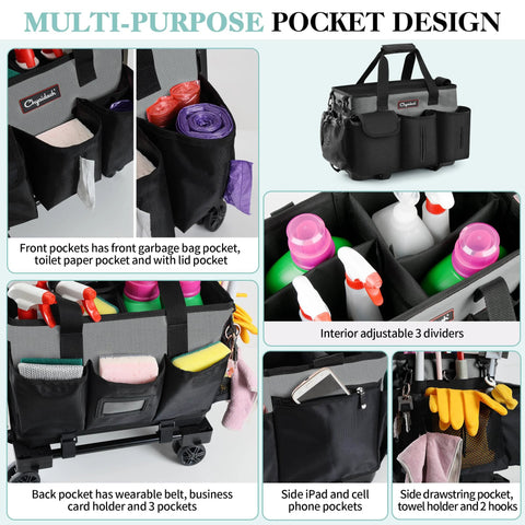 Rolling Cleaning Caddy On Wheels With Hard Bottom And Wearable Tote Handles Four Carry Options Including Handles Straps And Belt Large Capacity Cleaning Supplies Organizer For Housekeeping Home Car Office And Picnic Grey.