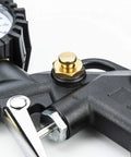 Close-up of durable metal construction on heavy duty tire inflator with pressure gauge for cars and SUVs, 0 to 220 PSI range.